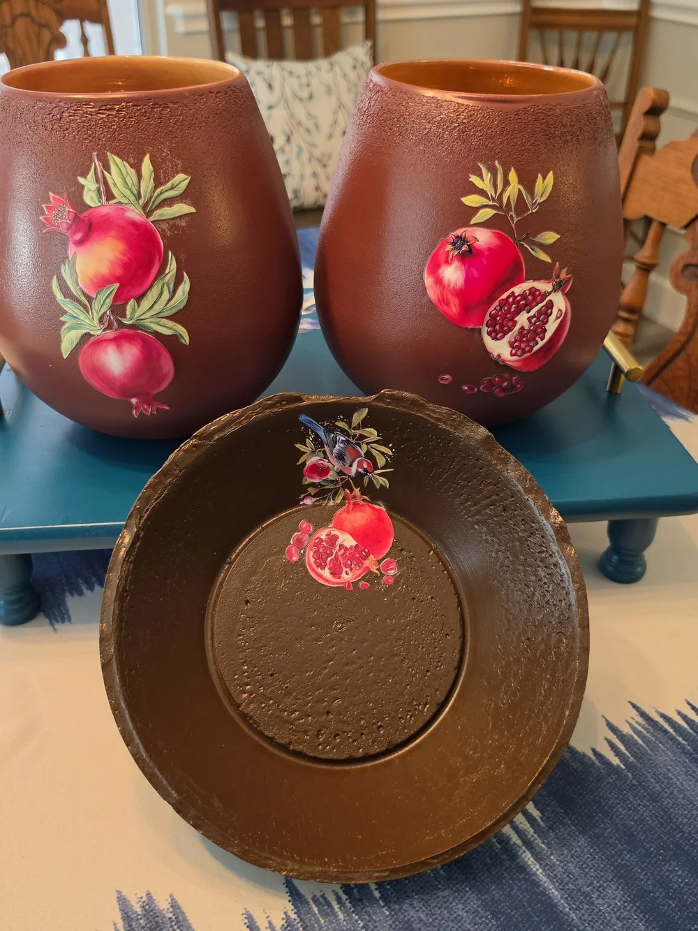 Pair of ceramic pomegranate decorative jars/vases Reddish-brown finish